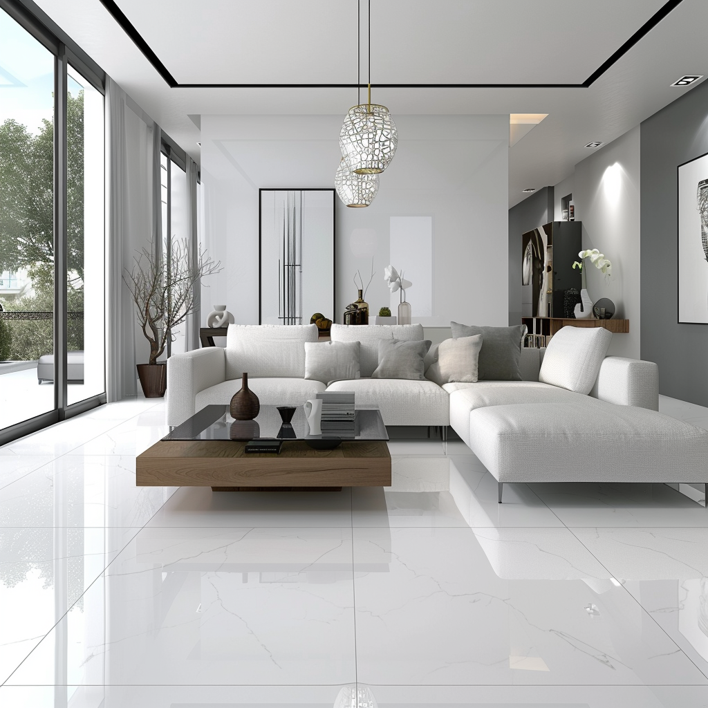 Biela lesklá dlažba v modernej obývačke s bielou pohovkou