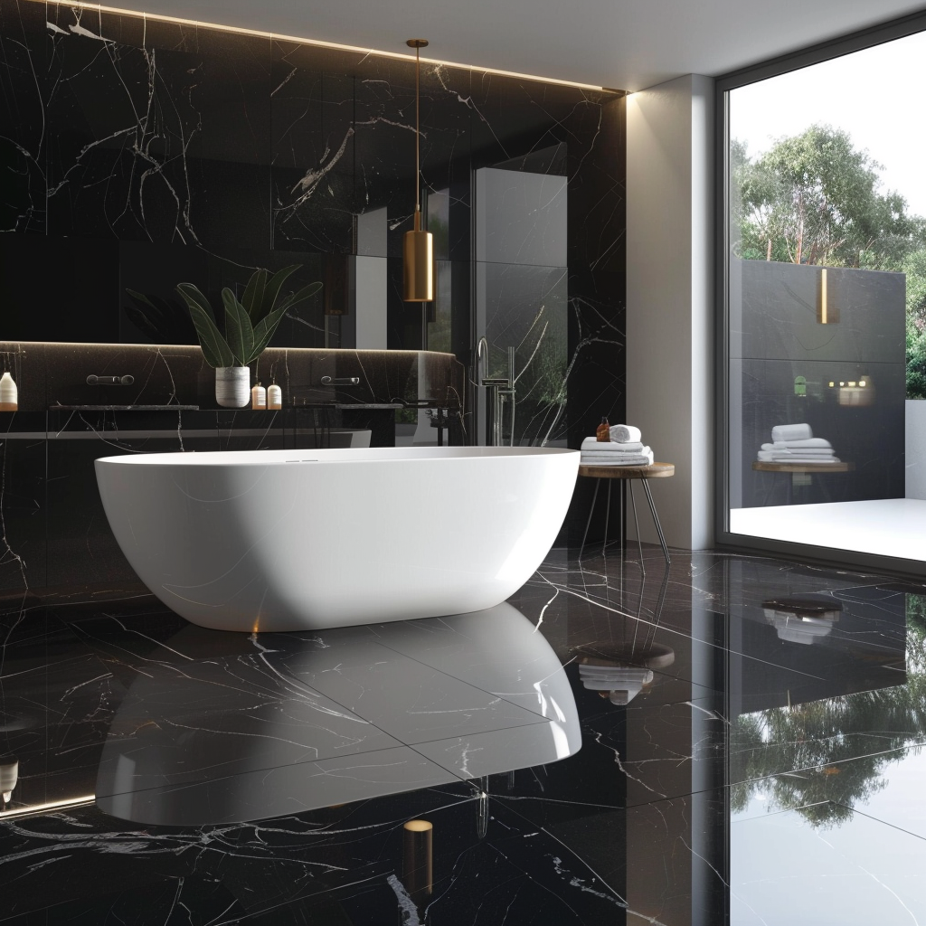 Čierna lesklá dlažba v modernej kúpeľni s voľne stojacou vaňou