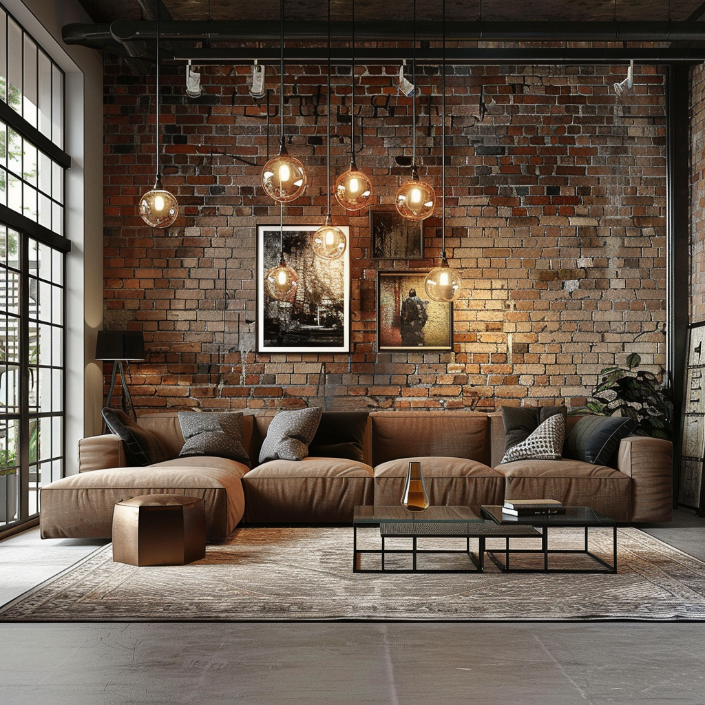 Moderná dlažba do obývačky v industriálnom štýle s tehlovým obkladom a industriálnymi lampami