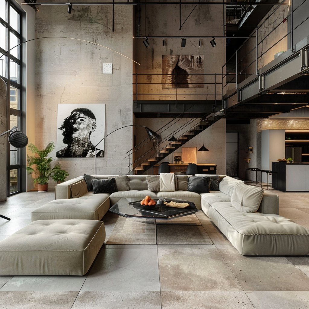 Moderná dlažba do obývačky v industriálnom štýle s veľkou sedačkou a výrazným obrazom