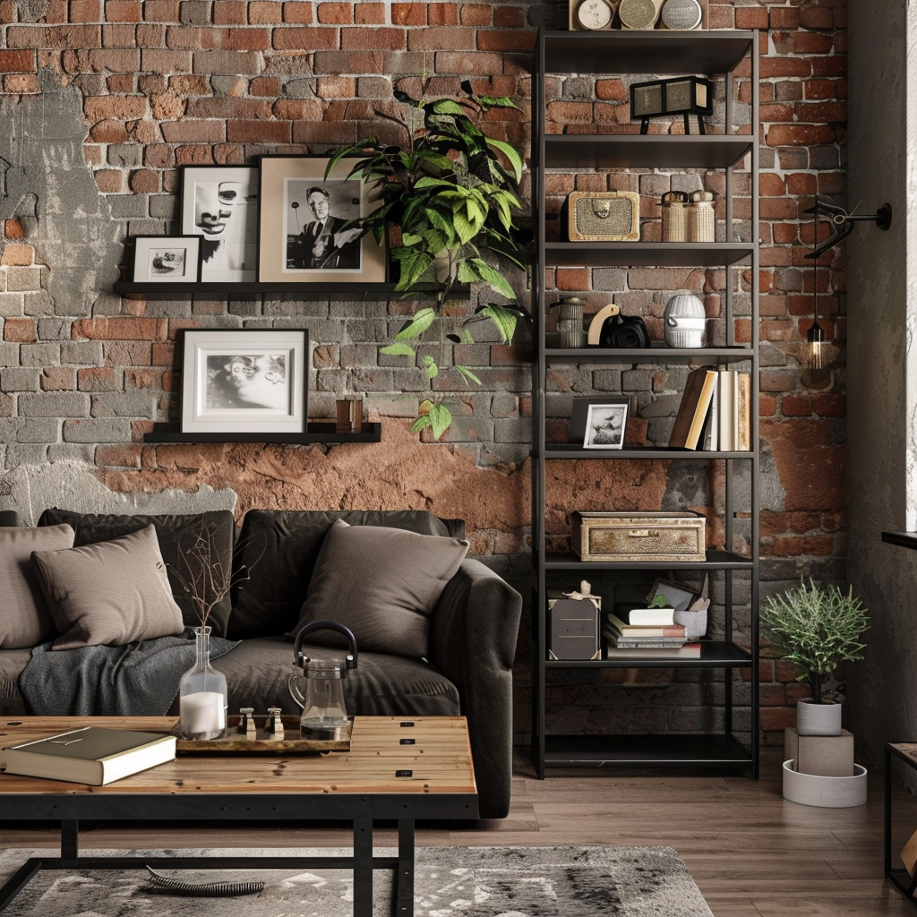 Moderná dlažba do obývačky v industriálnom štýle s kovovým regálom a sedačkou