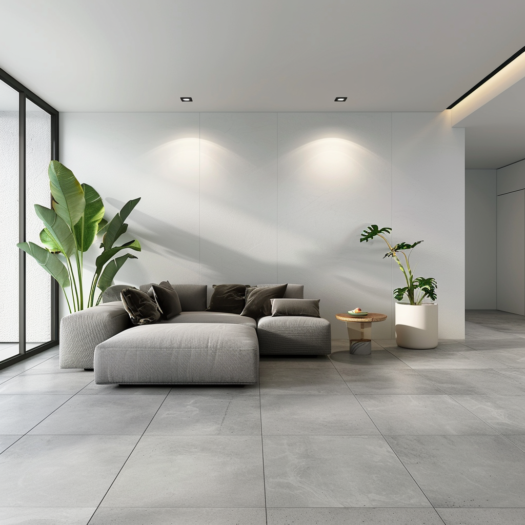 Sivá podlaha v obývačke zariadenej minimalisticky s pohovkou a kvetmi