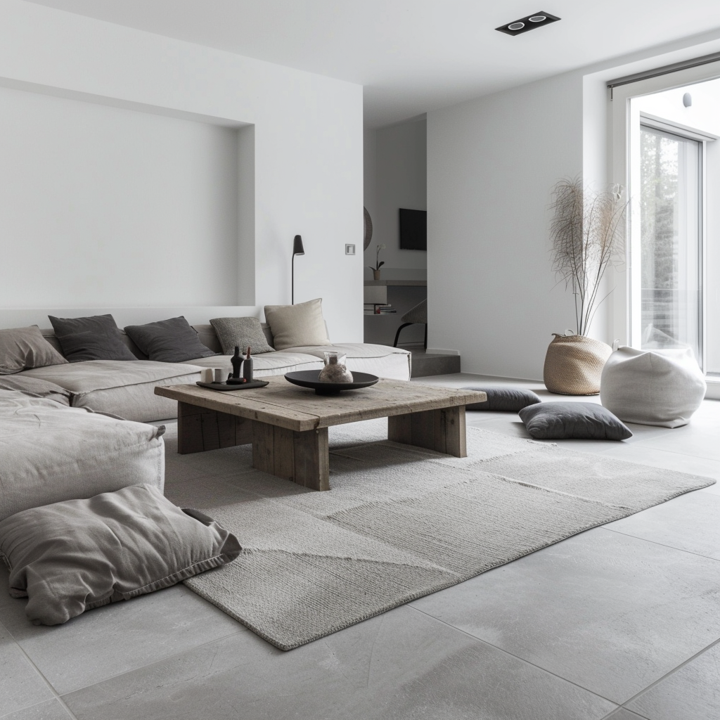 Sivá podlaha v obývačke s kobercom, dreveným stolíkom a sedačkou