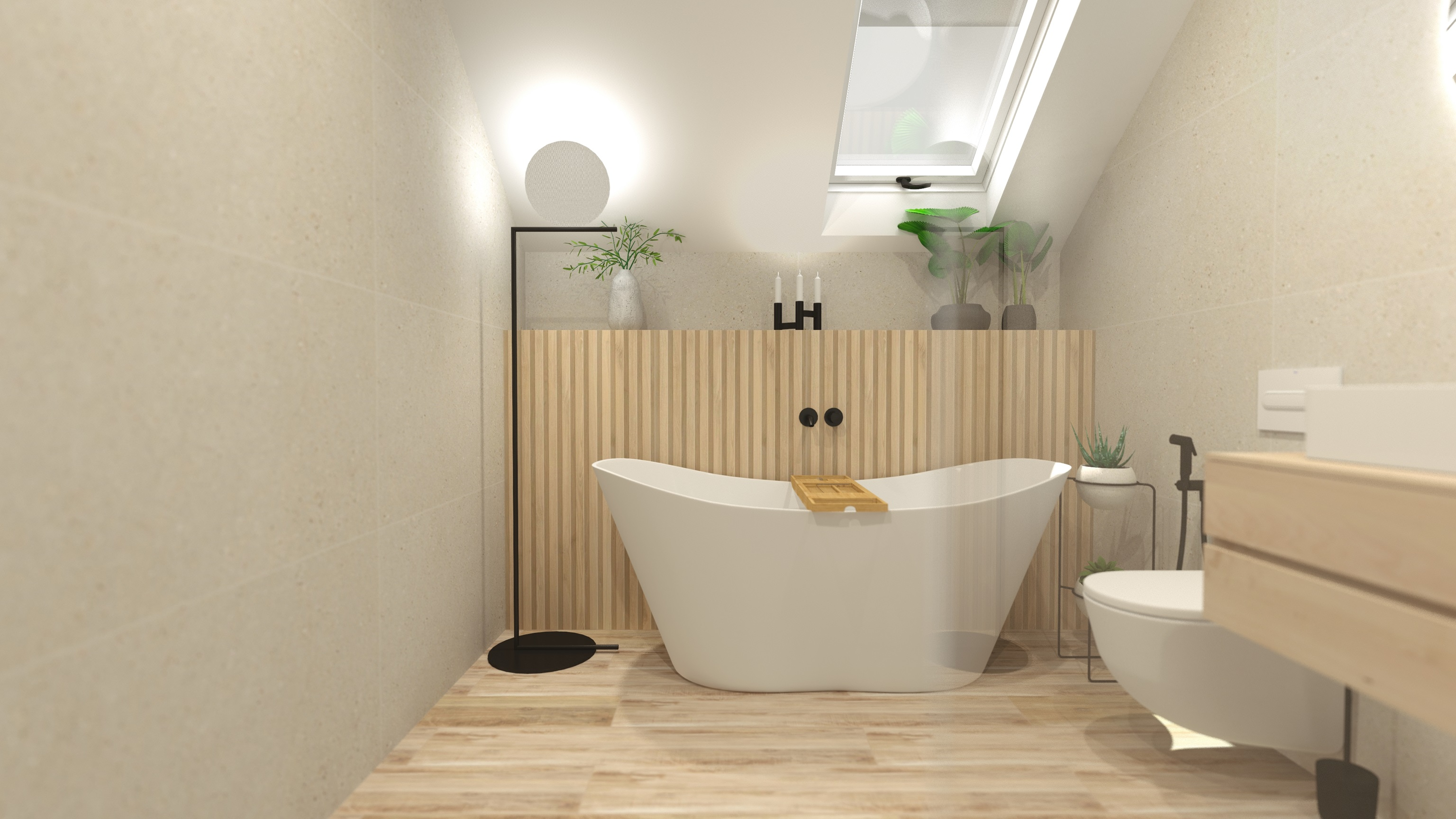 Návrh kúpeľne s dreveným obkladom